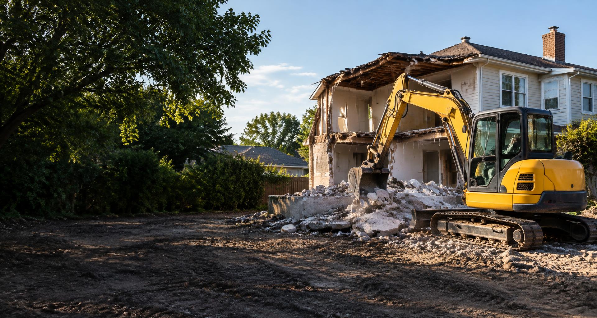 Excavator clearing concrete and demolition debris at a residential worksite